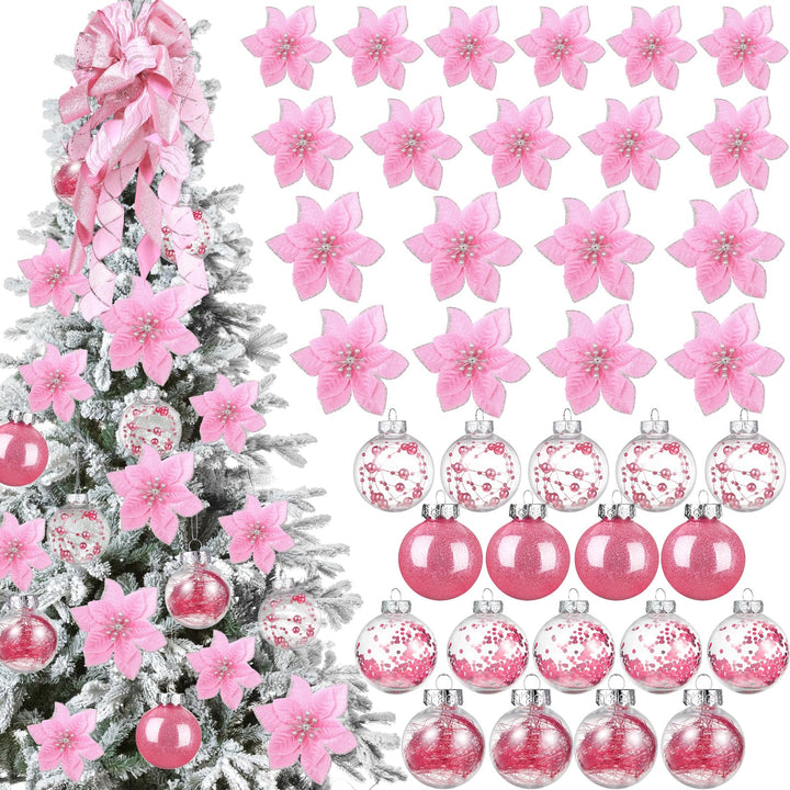 49 Stück Weihnachtsbaum Deko Set mit Weihnachtsbaumspitze 24 Stück Glitzer Weihnachten Blumen in 3 G