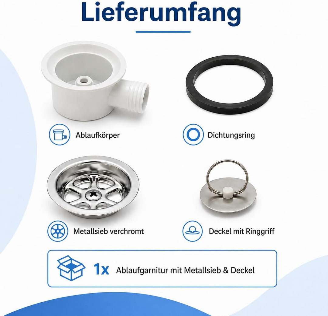 Ablaufgarnitur für SMEV-Spülen 19 mm, weiss, mit verchromtem Metallsieb und Deckel