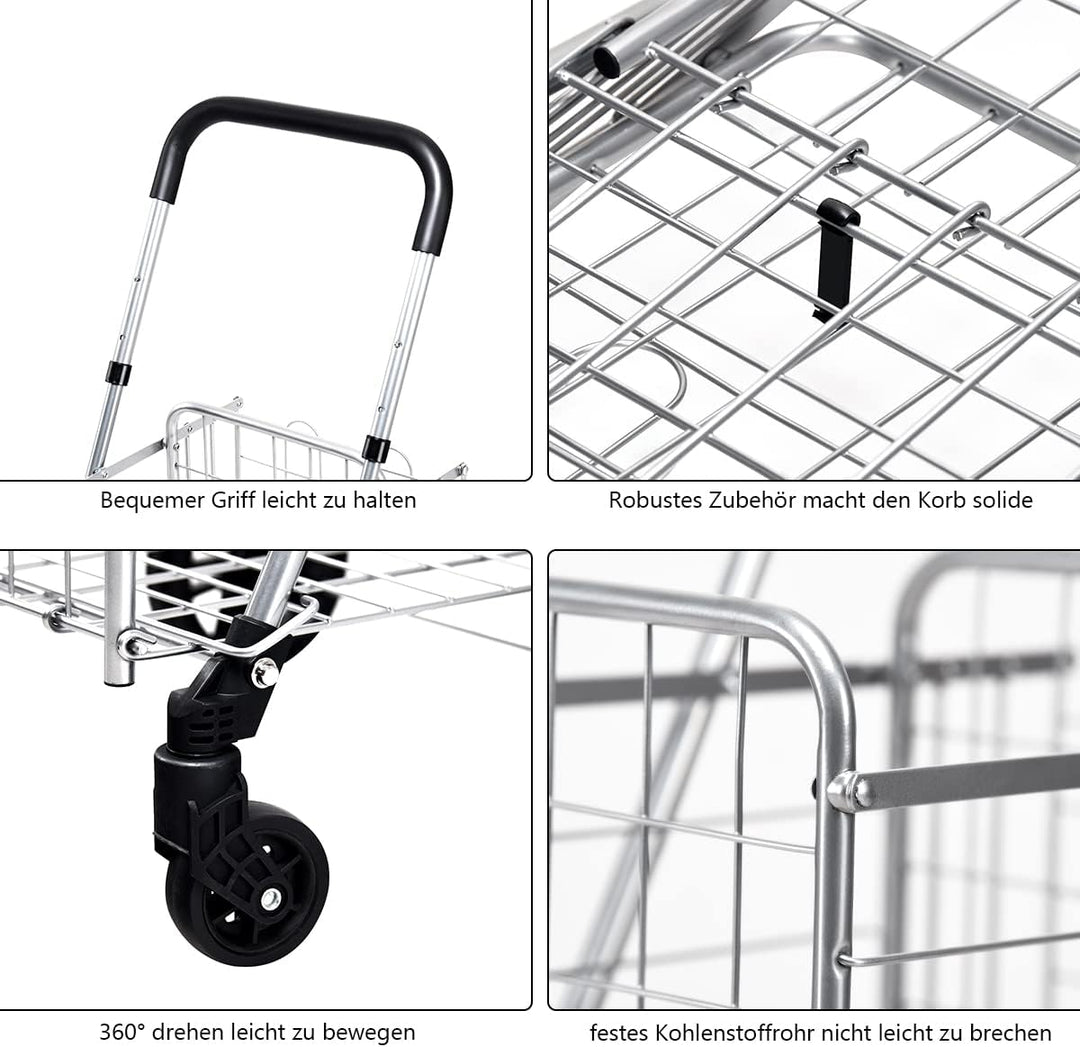 GOPLUS Klappbarer Einkaufswagen, Einkaufstrolley mit Verstellbarem Griff &amp; 4 Universalrädern, Rollwa