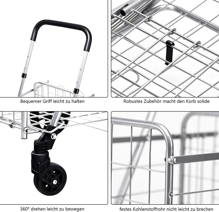 GOPLUS Klappbarer Einkaufswagen, Einkaufstrolley mit Verstellbarem Griff &amp; 4 Universalrädern, Rollwa