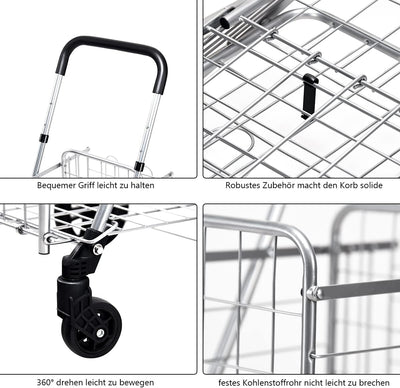 GOPLUS Klappbarer Einkaufswagen, Einkaufstrolley mit Verstellbarem Griff & 4 Universalrädern, Rollwa