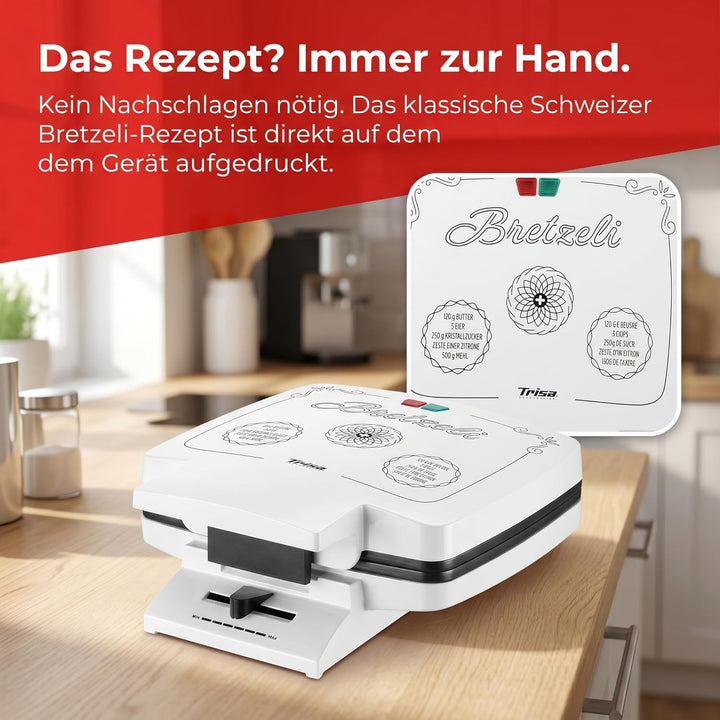 Trisa Bretzelieisen - 1000W, 4 Bretzeli gleichzeitig, antihaftbeschichtete Heizplatten & Temperaturr