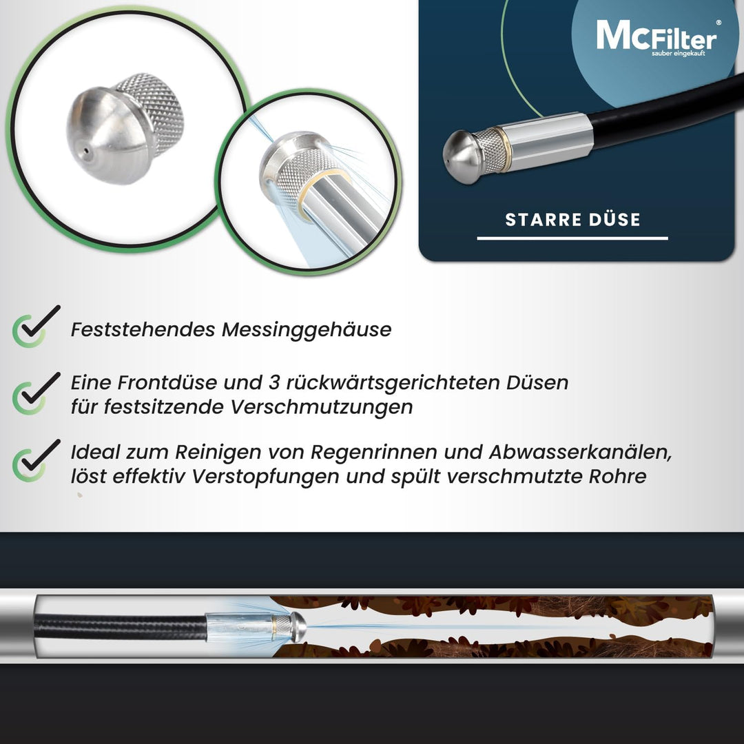 McFilter | Rohrreinigungsschlauch, 15m, 160-200 bar, inkl. Adapter, Düsen starr + rotierend, kompati