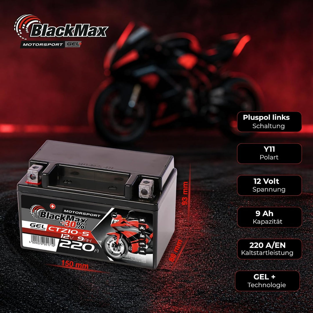 BlackMax YTZ10S Motorradbatterie GEL 12V 9Ah Akku GTZ10-S YTZ10-S-BS GEL12-10B-4 9Ah - 210A - YTZ10S