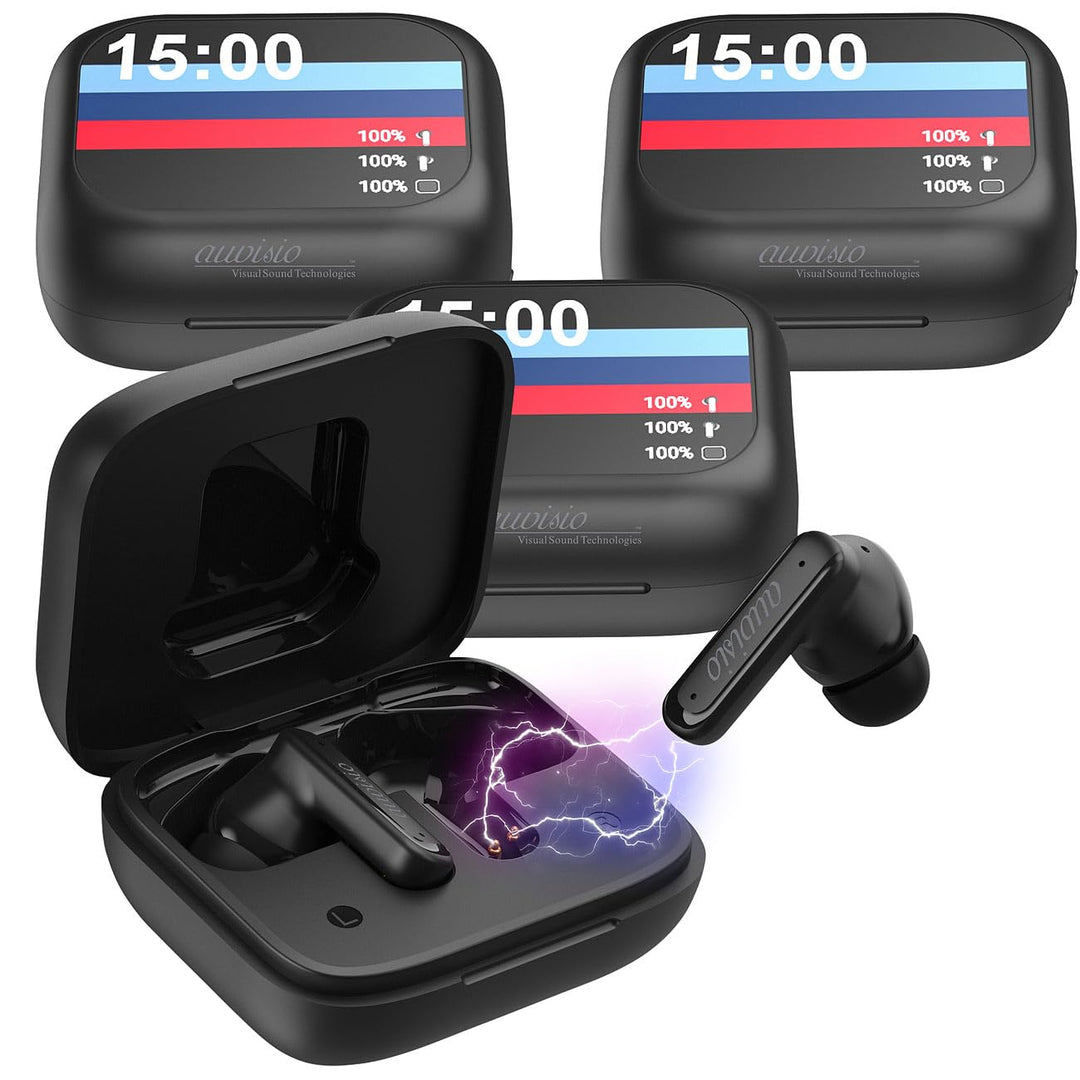 auvisio Wireless-Kopfhörer: 4er-Set Kabellose In-Ear-Kopfhörer mit Touchscreen-Ladecase &amp; ANC (Noise