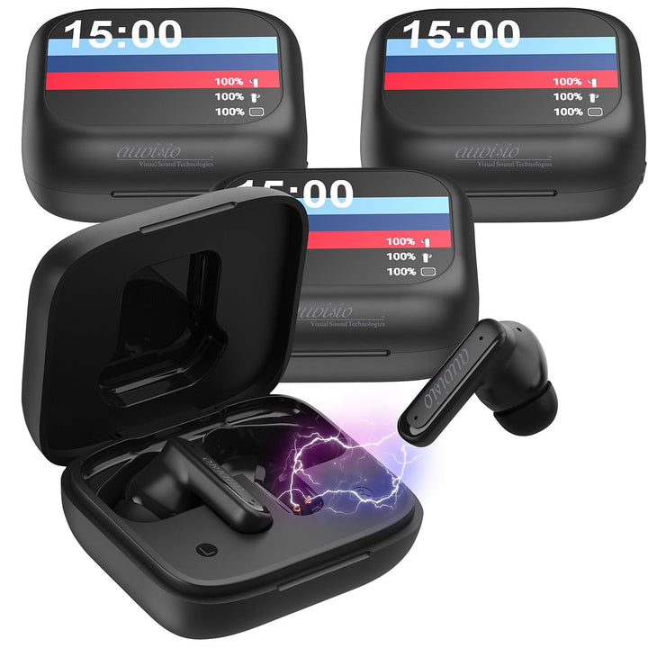 auvisio Wireless-Kopfhörer: 4er-Set Kabellose In-Ear-Kopfhörer mit Touchscreen-Ladecase &amp; ANC (Noise