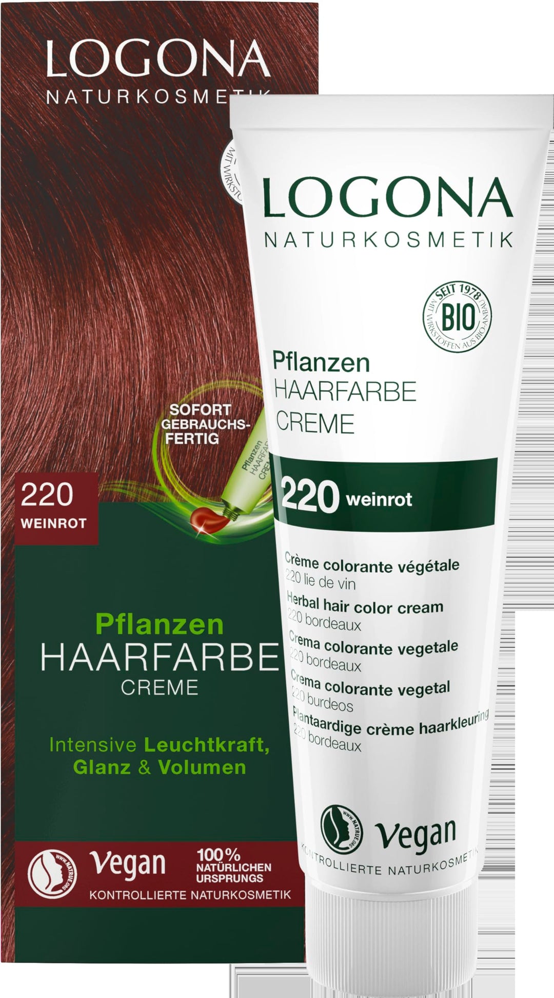 LOGONA Naturkosmetik Pflanzen-Haarfarbe Creme 220 Weinrot, Rote Natur Haarfarbe mit Henna, vegane Fa