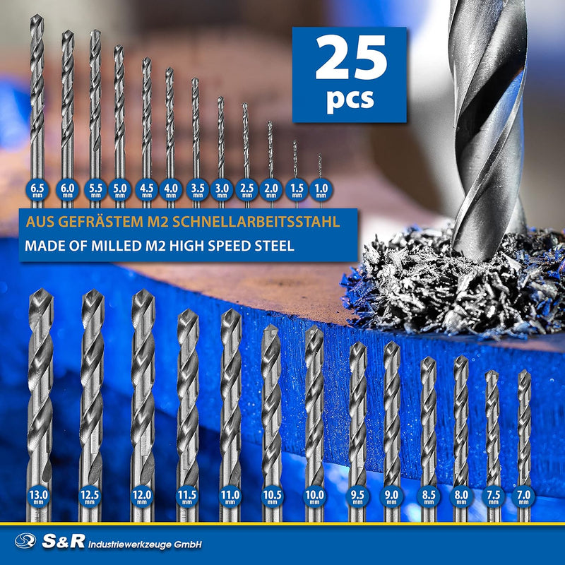 S&R Metallbohrer-Set 25 teilig, ø 1-13 mm, 118° Spitzenwinkel, GM-Serie, HSS-Stahl, Industrie-Qualit