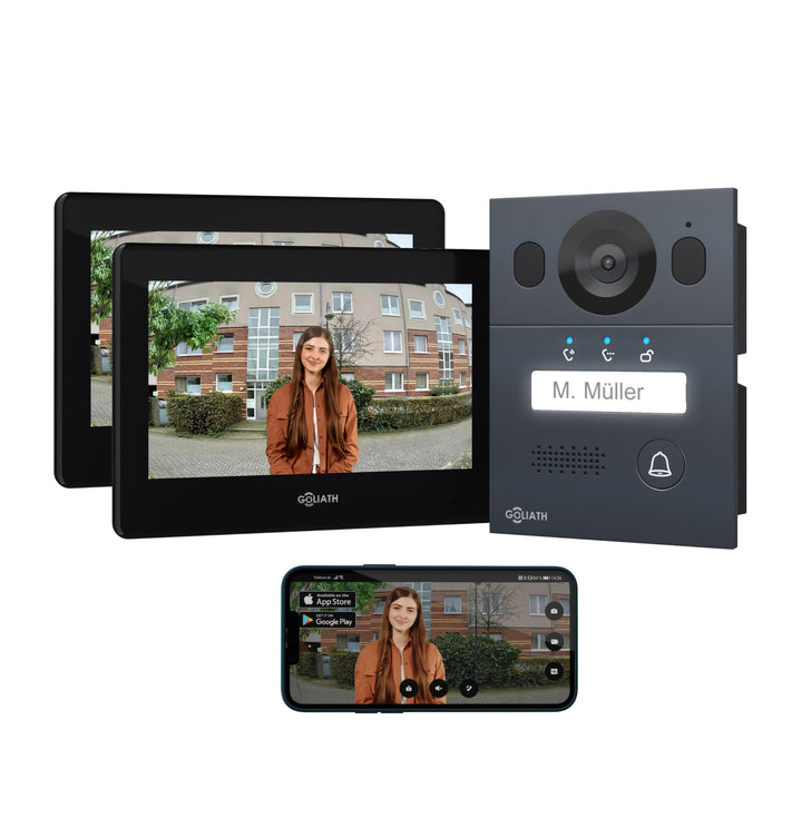 GOLIATH Basic Video Türsprechanlage, 2 Draht Bus, 2X 7 Monitor, Unterputz Türklingel mit Kamera, Geg