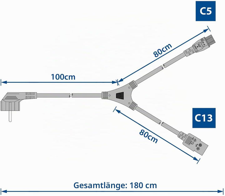 ACT Kaltgerätekabel C13 + C5 Netzkabel 1.80m, Netz-Y-Kabel, Type F CEE 7/7 Gewinkelt, PC Stromkabel