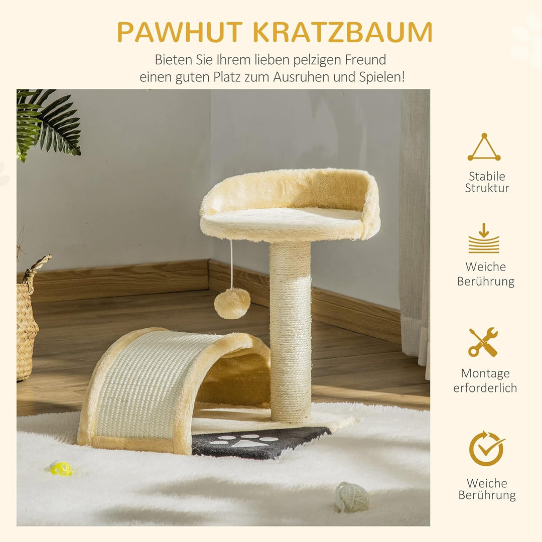 PawHut Kratzbaum mit Spielbällen, Katzenkratzbaum, Sisalseil-Kratzstangen, Beige, 36 x 36 x 44 cm Be