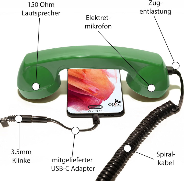 Opis 60s Micro - Retro Handyhörer für Android Smartphones, Tablets, Notebooks und Handys in der Form