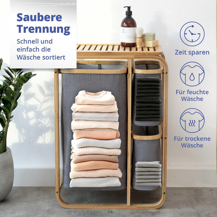 Lumaland Wäschekorb aus Bambus mit 3 ausziehbaren Wäschesäcken | Grösse ca. 71 cm Höhe x 50 cm Breit