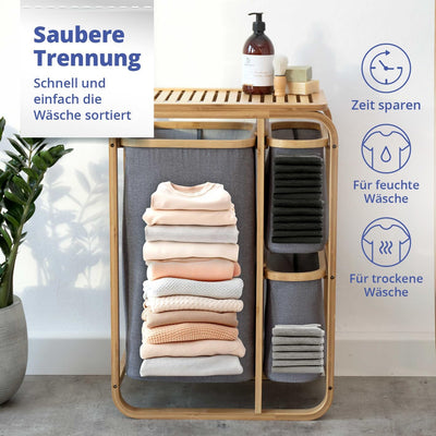 Lumaland Wäschekorb aus Bambus mit 3 ausziehbaren Wäschesäcken | Grösse ca. 71 cm Höhe x 50 cm Breit