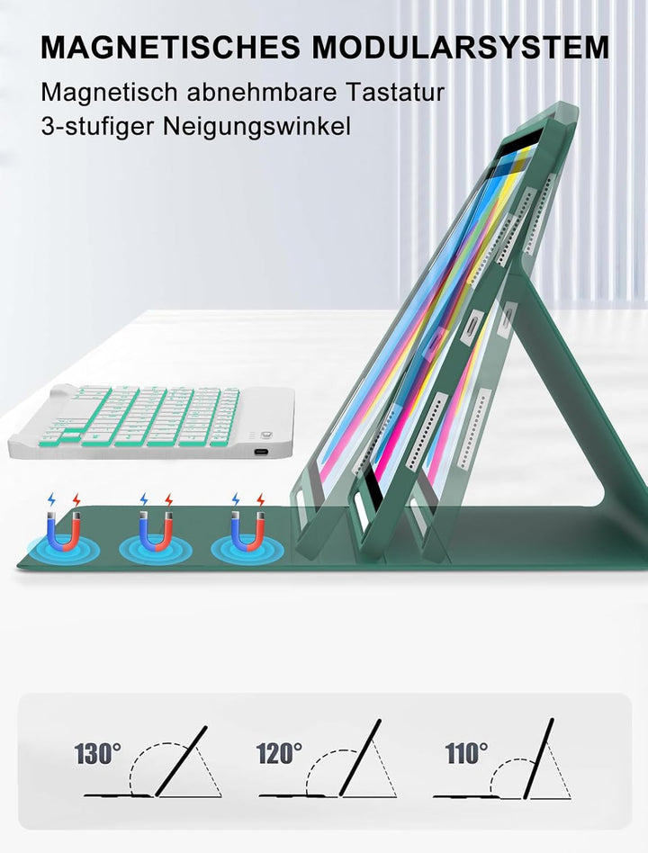 JADEMALL Für iPad Hülle mit DE Tastatur für 11./10. Gen (2025/2022) – 7-Farben Beleuchtete Bluetooth