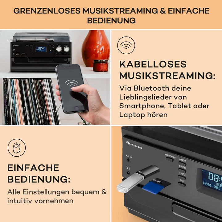 Auna Plattenspieler für Schallplatten, Plattenspieler mit Lautsprecher, CD-Player, USB & DAB Radio,