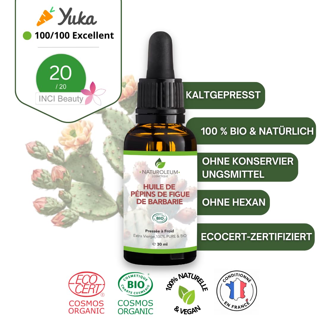 Bio Kaktusfeigenkernöl 100% Rein und Natürlich - Kaltgepresst, Extra Natives Öl - Pflege für Haut, G