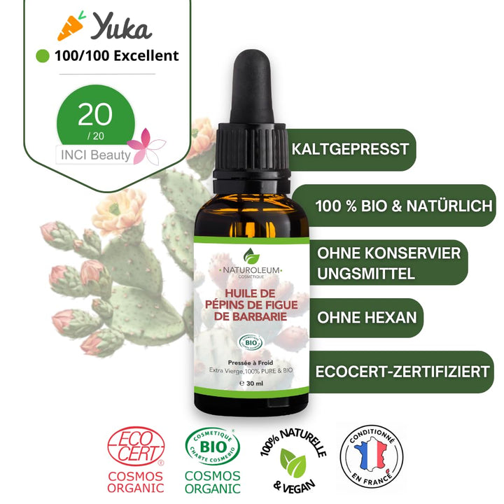 Bio Kaktusfeigenkernöl 100% Rein und Natürlich - Kaltgepresst, Extra Natives Öl - Pflege für Haut, G