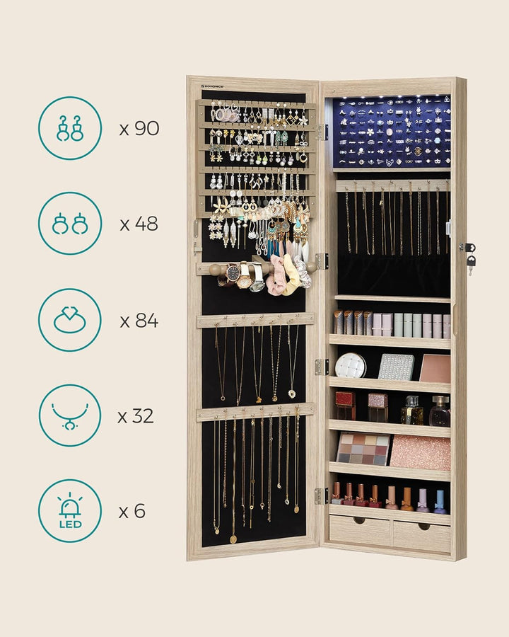 SONGMICS Schmuckschrank, Wand-Aufbewahrungsmöbel für Halsketten, Ohrringe, Zubehörschrank, mit Spieg