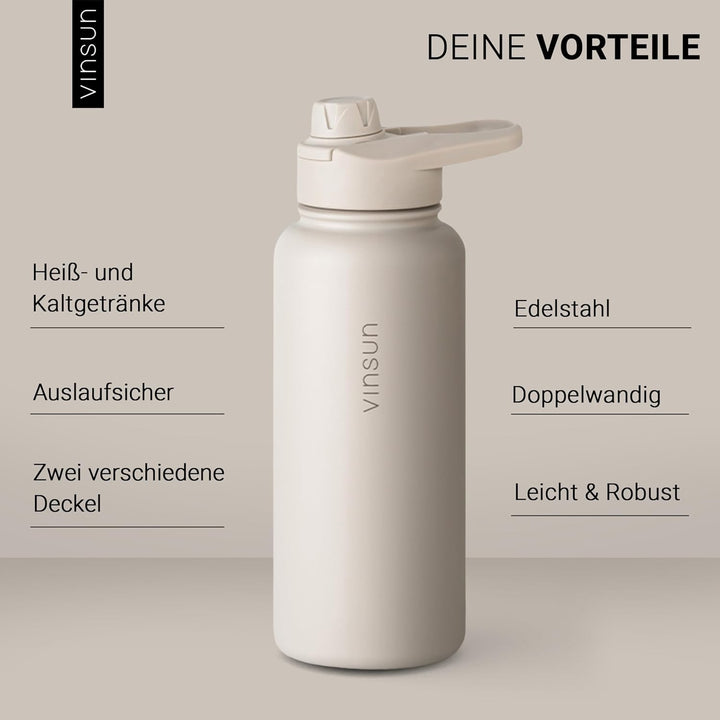 Vinsun Trinkflasche Edelstahl beige 750ml - auslaufsicher, Kohlensäure geeignet, BPA frei - Strohhal