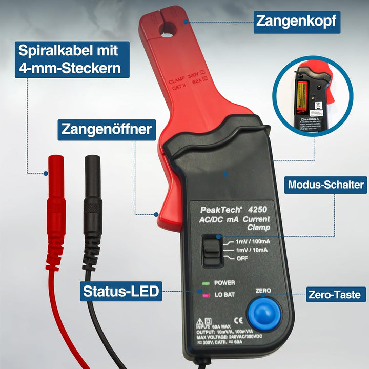 PeakTech P 4250 4250 - Stromzangen-Adapter für Multimeter bis zu 60 in AC/DC mit 4 mm Steckern, Null