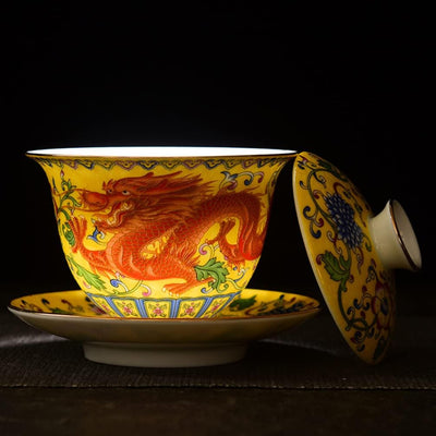 Emaille-Teetasse mit Deckel und Untertasse, Motiv: gelber Drache, traditionelles chinesisches Gaiwan