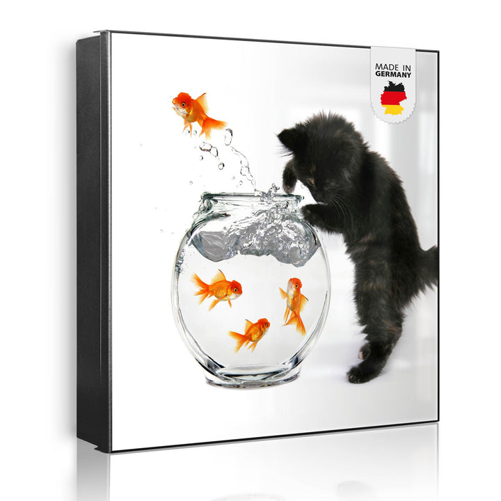 banjado® Grosser Schlüsselkasten Glas/Schlüsselbox 30cm x 30cm mit 50 Haken - Motiv Katze Und Fisch/