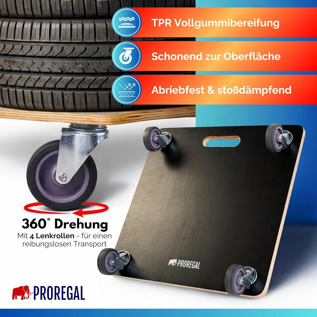 PROREGAL 2er Set Profi Transportroller Hercules 50x50 cm Schwerlast bis 150 kg 4 Gummirollen & Griff