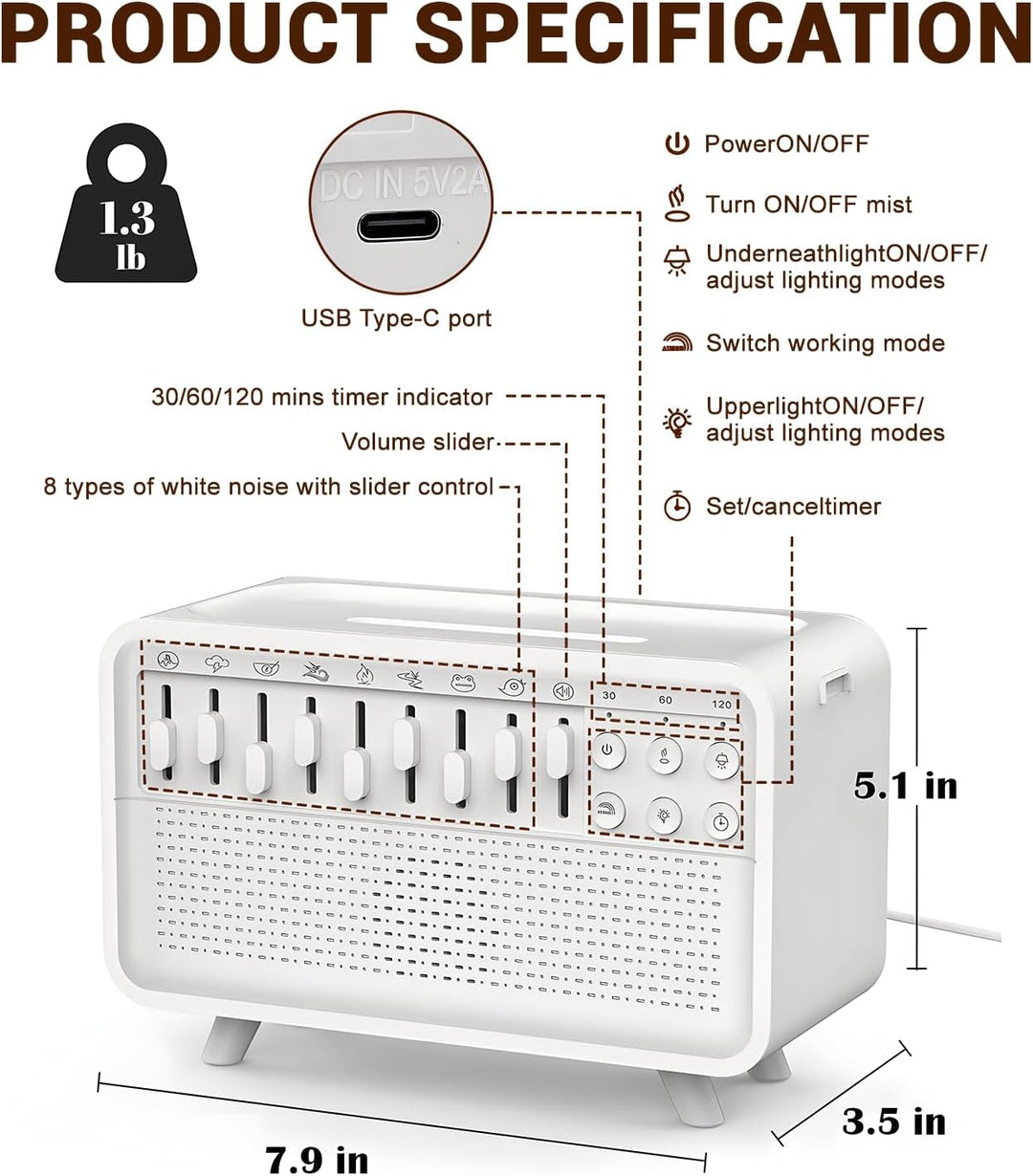 4-in-1 White Noise Machine, Weisses Rauschen Humidifier mit 8 Naturgeräusche, Sleep Sound Box mit Bl