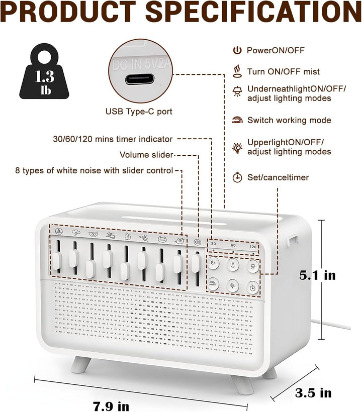 4-in-1 White Noise Machine, Weisses Rauschen Humidifier mit 8 Naturgeräusche, Sleep Sound Box mit Bl