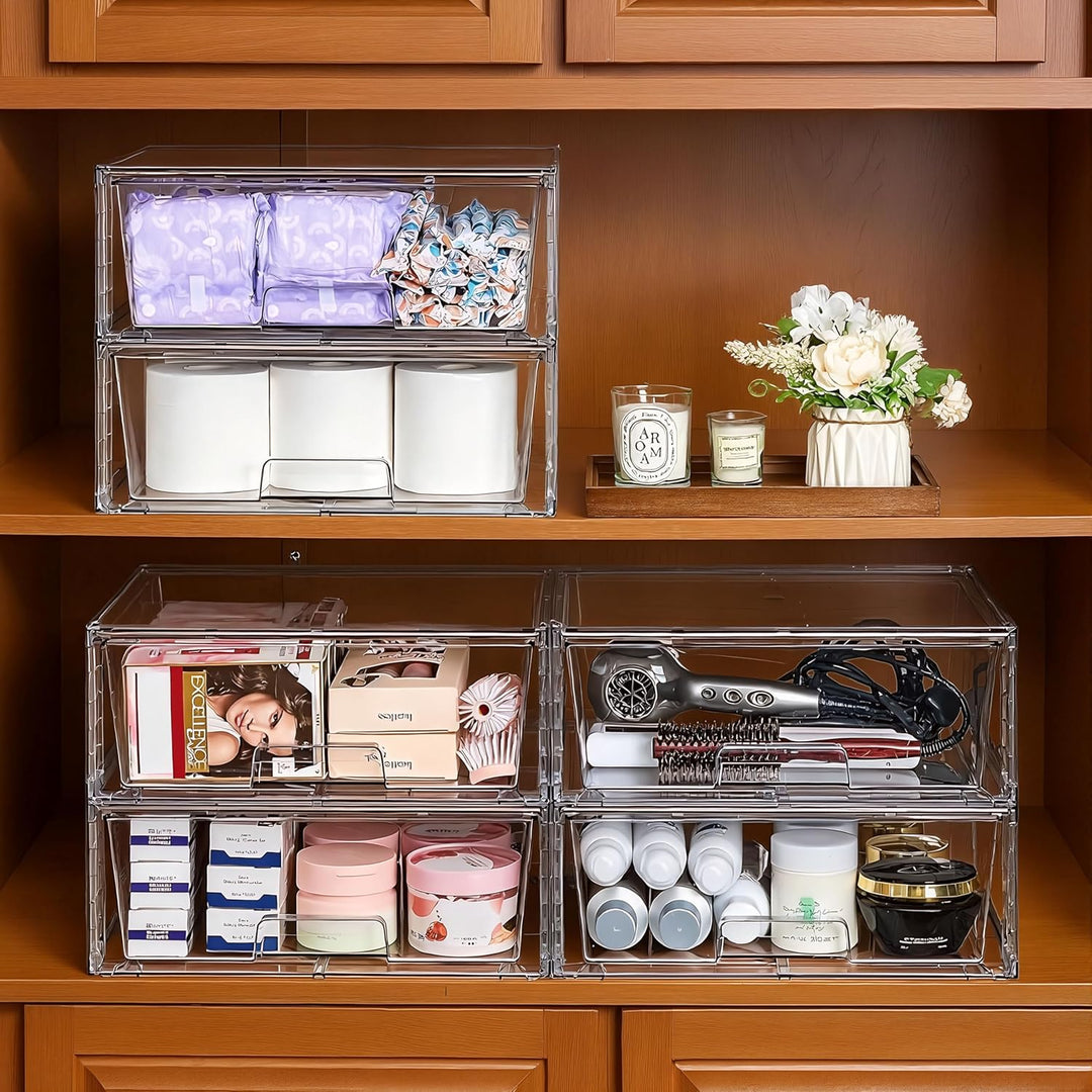 2er Set Breite Stapelbare Aufbewahrungsschubladen für Bad und Küche, Hochfeste Klare Acryl Organizer