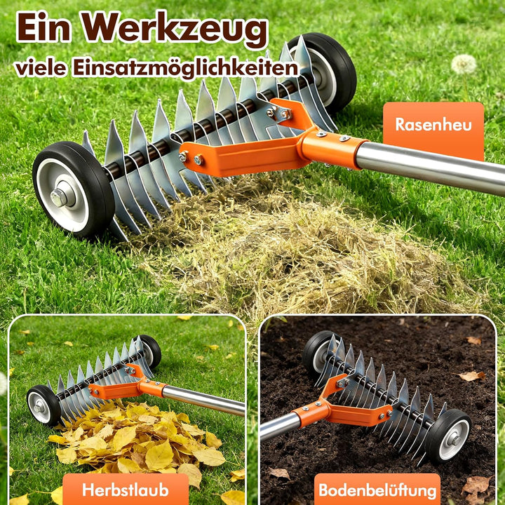 Rasen Rakel,166 cm Handvertikutierer,Gartenrechen Verstellbar,Rasenlüfter mit Rädern,zum Entfernen v