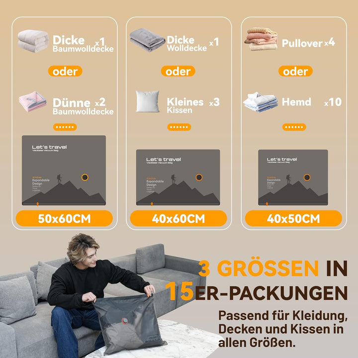 Vakuumbeutel für Kleidung mit Elektrischer Pumpe, 15 Stück Tragbare Vakuumbeutel für Reisen und Zuha