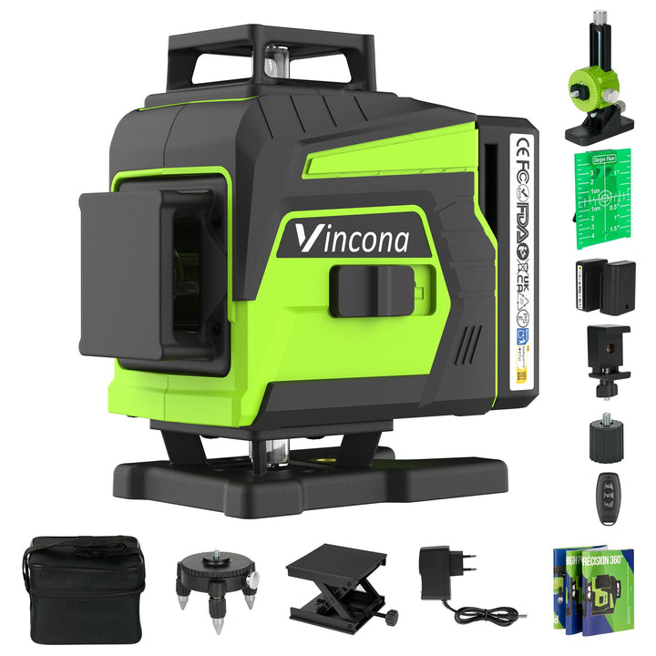 4 x 360 ° Laser Wasserwaage, Kreuzlinienlaser Grün 16 Linien Nivellierlaser Selbstnivellierenden, Li