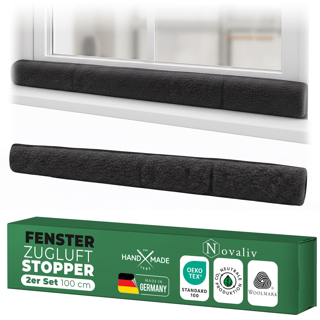 Zugluftstopper für Fenster 100cm Anthrazit Schurwolle – stoppt Zugluft & Kälte, dämpft Lärm/Staub/Li