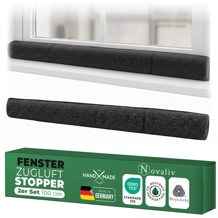 Zugluftstopper für Fenster 100cm Anthrazit Schurwolle – stoppt Zugluft & Kälte, dämpft Lärm/Staub/Li