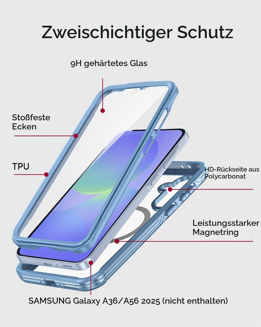 Miimall Panzer Hülle für Samsung A36 / A56 5G Handyhülle mit Displayschutz Glas, Kompatibel für MagS