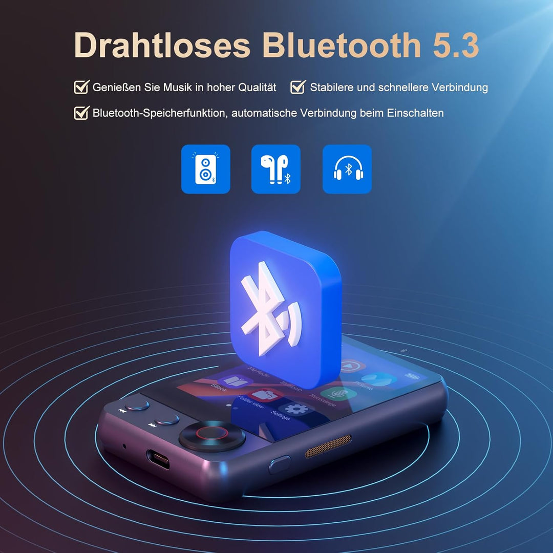 128GB MP3-Player mit Bluetooth 5.3, 2,4 Zoll tragbarer Voll-Touchscreen-Musikplayer mit Lautsprecher