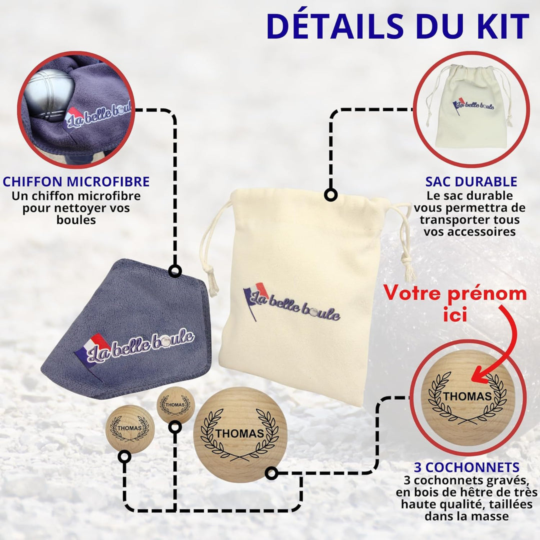 Set mit 3 personalisierbaren Boccia-Kugeln – Tasche für Boccia + Mikrofasertuch – Boccia-Kugel für W