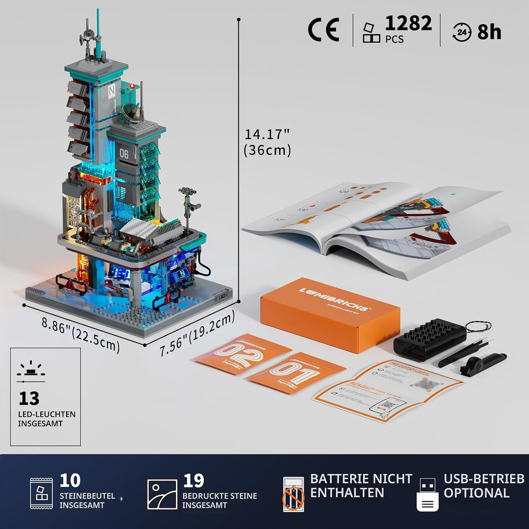Lumibricks Neon Tech Station Beleuchtetes Klemmbaustein-Set, 1282 Teile Cyberpunk Hochhaus mit LED-L