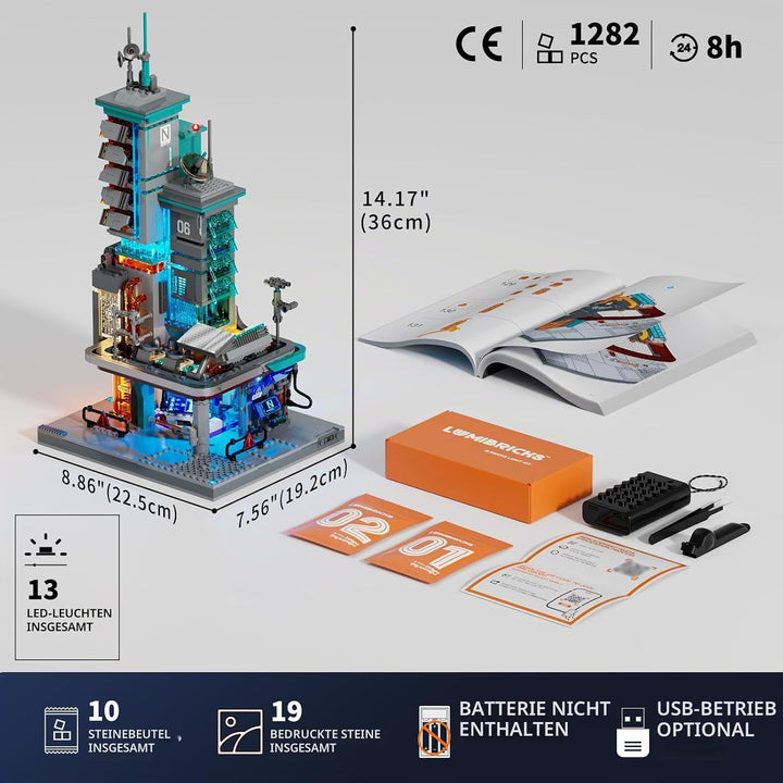 Lumibricks Neon Tech Station Beleuchtetes Klemmbaustein-Set, 1282 Teile Cyberpunk Hochhaus mit LED-L