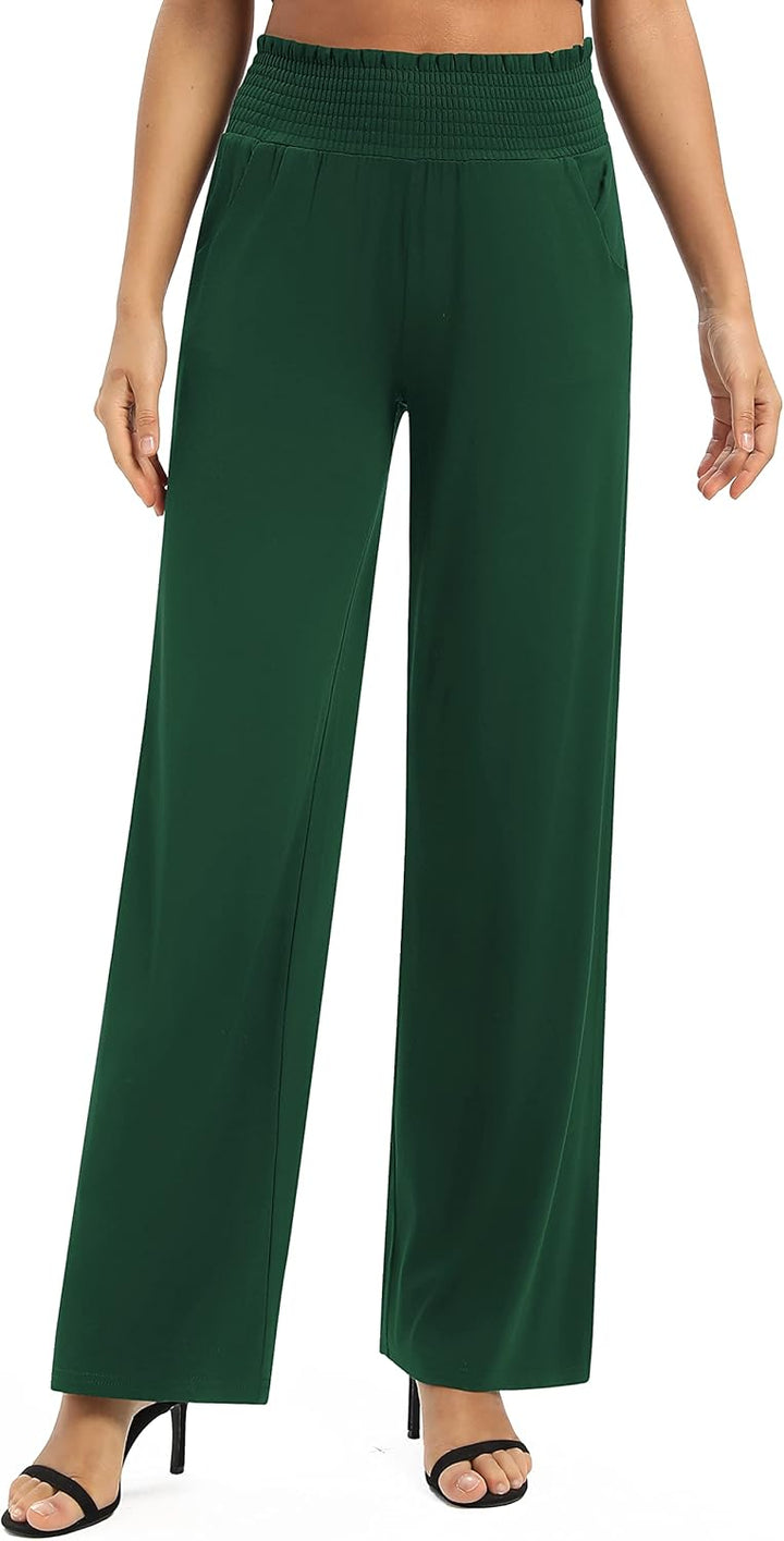 EXCHIC Damen Einfarbig Lose Gerade Geschnitten Palazzo Hose Hohe Taille Dehnbar Lounge Hose mit Tasc