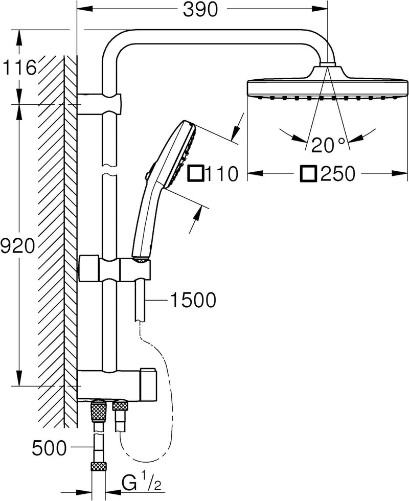 GROHE Vitalio 250 - Duschsystem mit Umstellung, wassersparend ~8l/min (für vorhandene Armaturen, 2 S