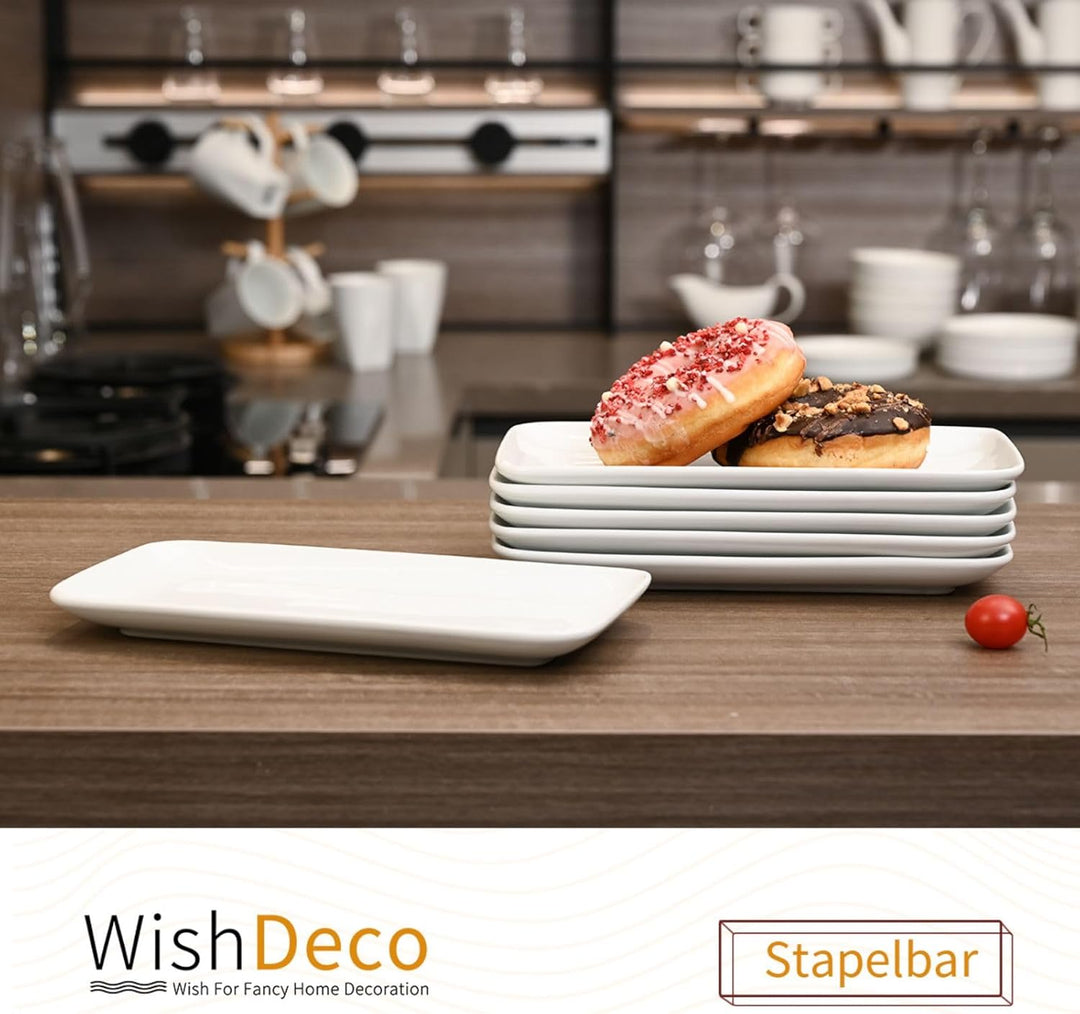 WishDeco Teller Rechteckig 6er Set, Servierplatten Porzellan Weiss 23x12 cm, Servierteller Länglich,