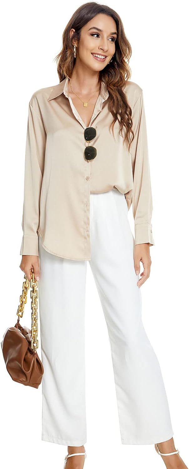 Atnlewhi Damen Bluse Langarm Knöpfen Satin Seide Hemden Basic Kent Kragen Arbeit Büro Formelle Casua