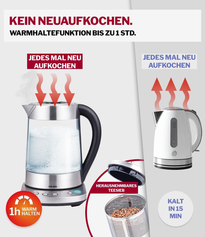TURMIX 2in1 Teekocher elektrisch mit Wasserkocher Glas 2200W 1,5L Silber, Temperatureinstellung 70–1