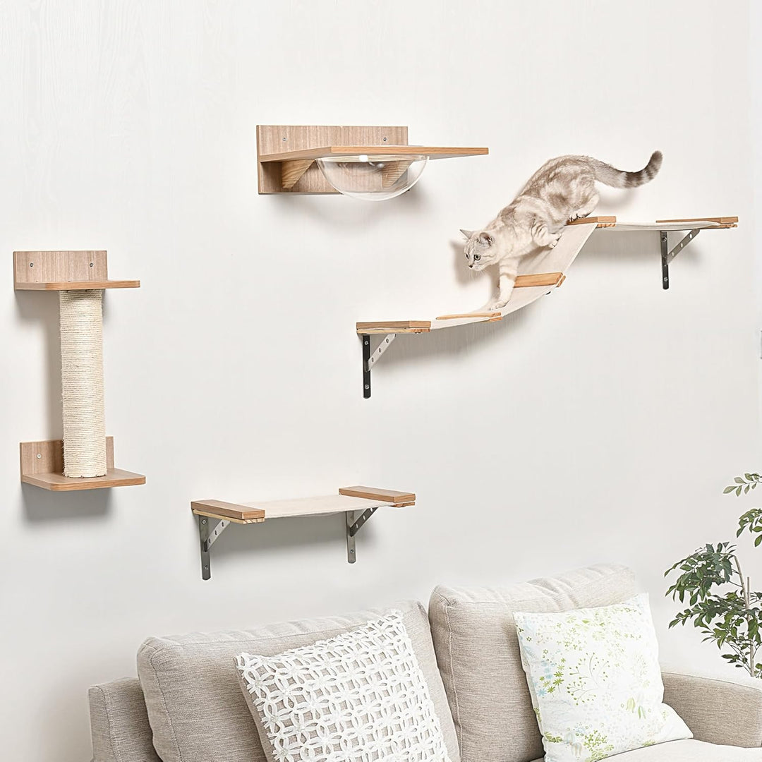 PawHut Kletterwand Katzen, 4-teilig Katzenkletterwand Set Katzen Wandelemente mit Kratzbaum Hängemat
