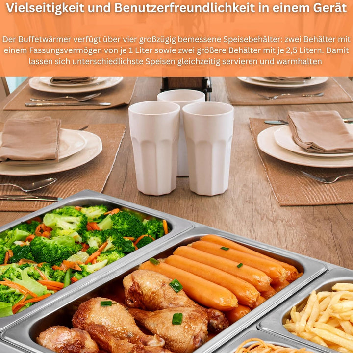 Buffetwärmer | Warmhalteplatte | Speisewärmer | 300 Watt | 4 Speisebehälter | Buffet Wärmer | Speise