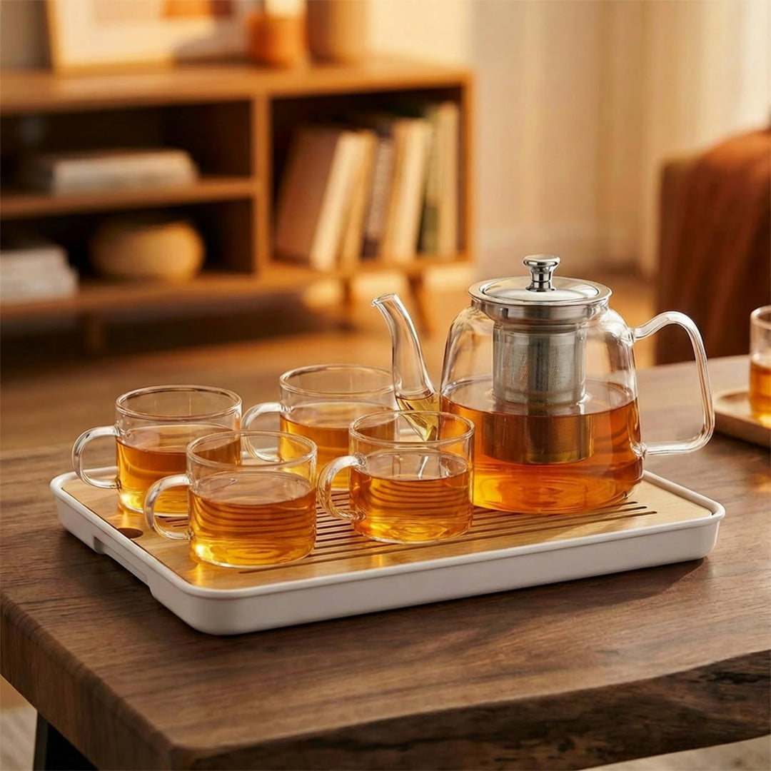 Grosse Teekanne Set aus Glas 1,5 Liter mit Siebeinsatz – Spülmaschinenfestes Teeset mit 4 Tassen für