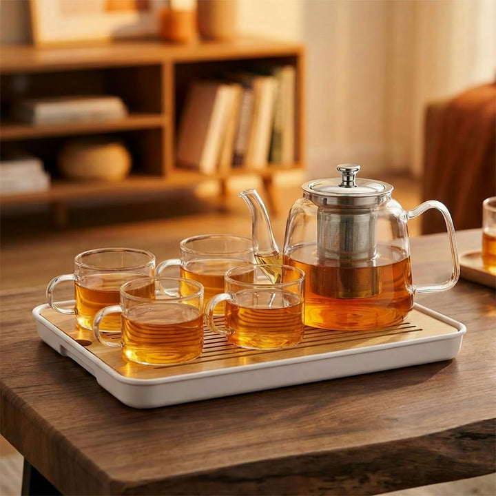 Grosse Teekanne Set aus Glas 1,5 Liter mit Siebeinsatz – Spülmaschinenfestes Teeset mit 4 Tassen für
